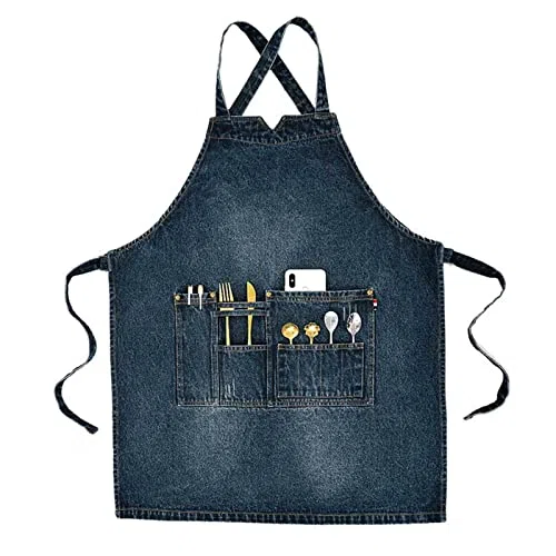 Barberology Delantal de Peluquero Delantales de Mezclilla para Hombres Delantal de Chef Cruzado en la Espalda con Bolsillos para Cocineros Camareros