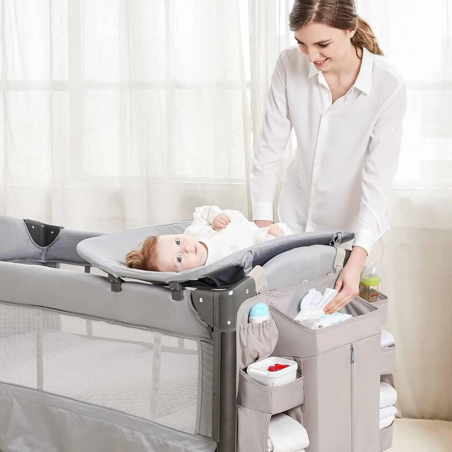 Bolsas de almacenamiento multifuncionales sostenibles para guardería, para pañales, ropa, juguetes, diseño colgante, fácil acceso, organizadores esenciales sostenibles para bebés