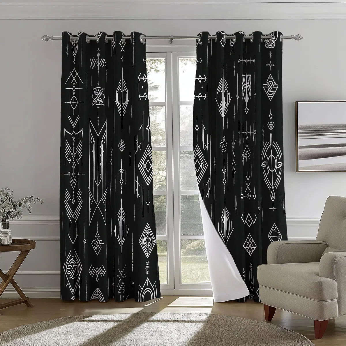 Cortina con Ojales Negro Estampado para Sala de Estar habitación de niñas y niños Tradicional Runas Vikingas Cortinas Estampadas 140An x 145Al cm (2 Paneles) Cortinas Opacas
