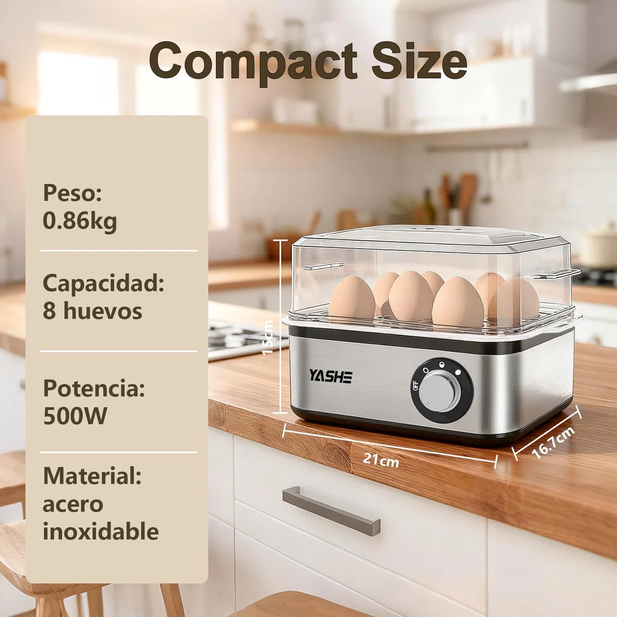 YASHE Cocedor de huevos, 8 huevos duros, para escalfar huevos, recipiente para tortillas y vaso medidor, Fabricado en acero inoxidable, Incluye función para escalfar huevos, libres de BPA