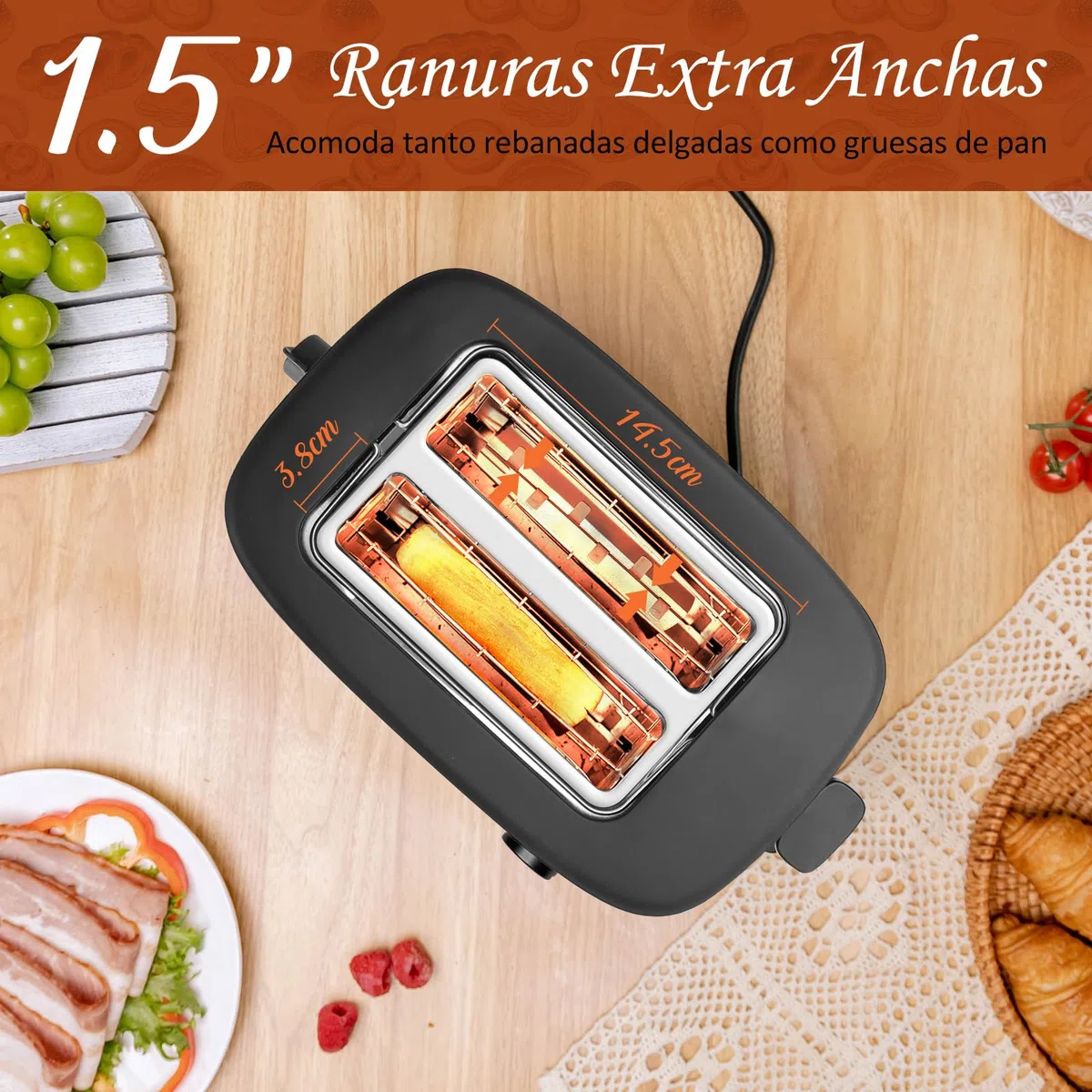 Aigostar Energy - Tostadora de 2 Ranuras con Rejilla Calientabollos Incorporada, Ranuras Extra Anchas, 6 Niveles de Tostado, 3 Funciones, Descongelación, Bandeja Recogemigas, Libre de BPA, Negro