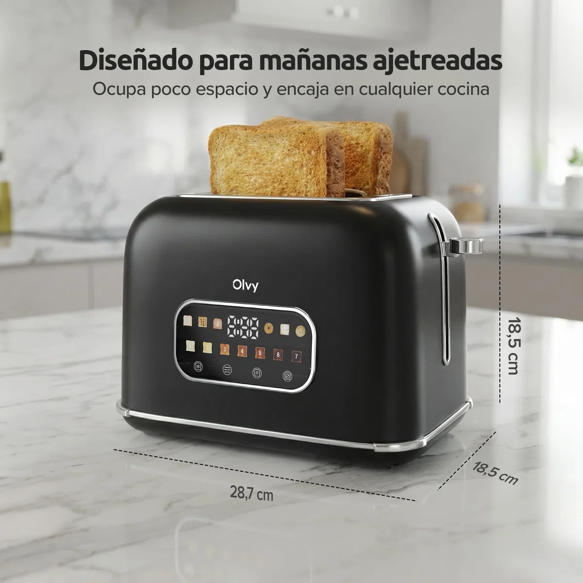 Olvy Tostadora 2 Rebanadas con Pantalla LCD y Temporizador – Ranuras Extra Anchas para Pan Grueso – 7 Niveles de Dorado, Descongelar y Recalentar – 900W – Negro