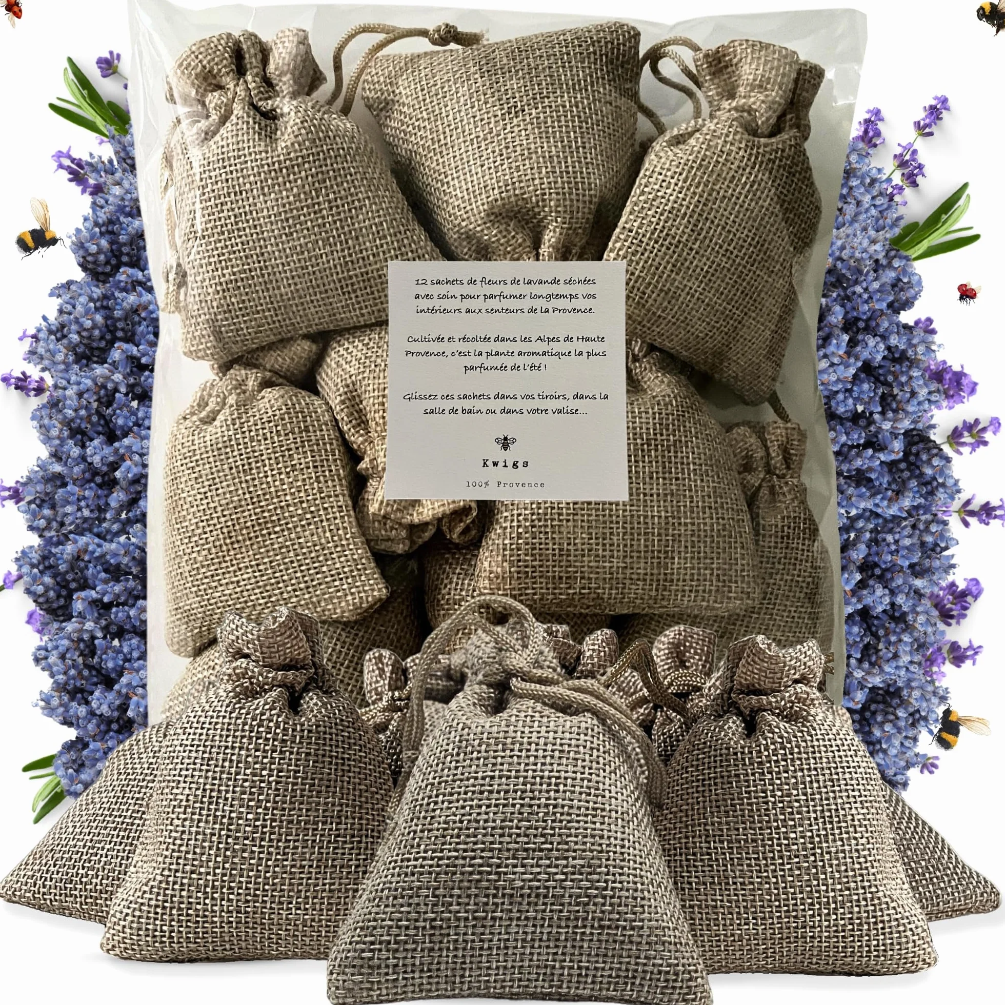 Bolsitas de Lavanda para Armarios - 12 Saquitos de Lavanda Seca Natural de Provenza sin OGM, en Yute Forrado y Rellenos a Mano - para Ropa, Cajones, Armarios - Flores de Provenza – Nueva Cosecha