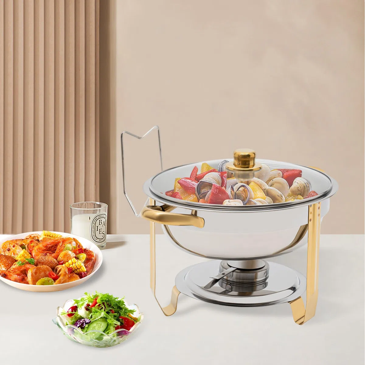 Chafing Dish Buffet Set de recipientes de 5 L, redondo, calentador de alimentos de acero inoxidable con almacenamiento de la tapa, para reuniones familiares, fiestas (dorado)