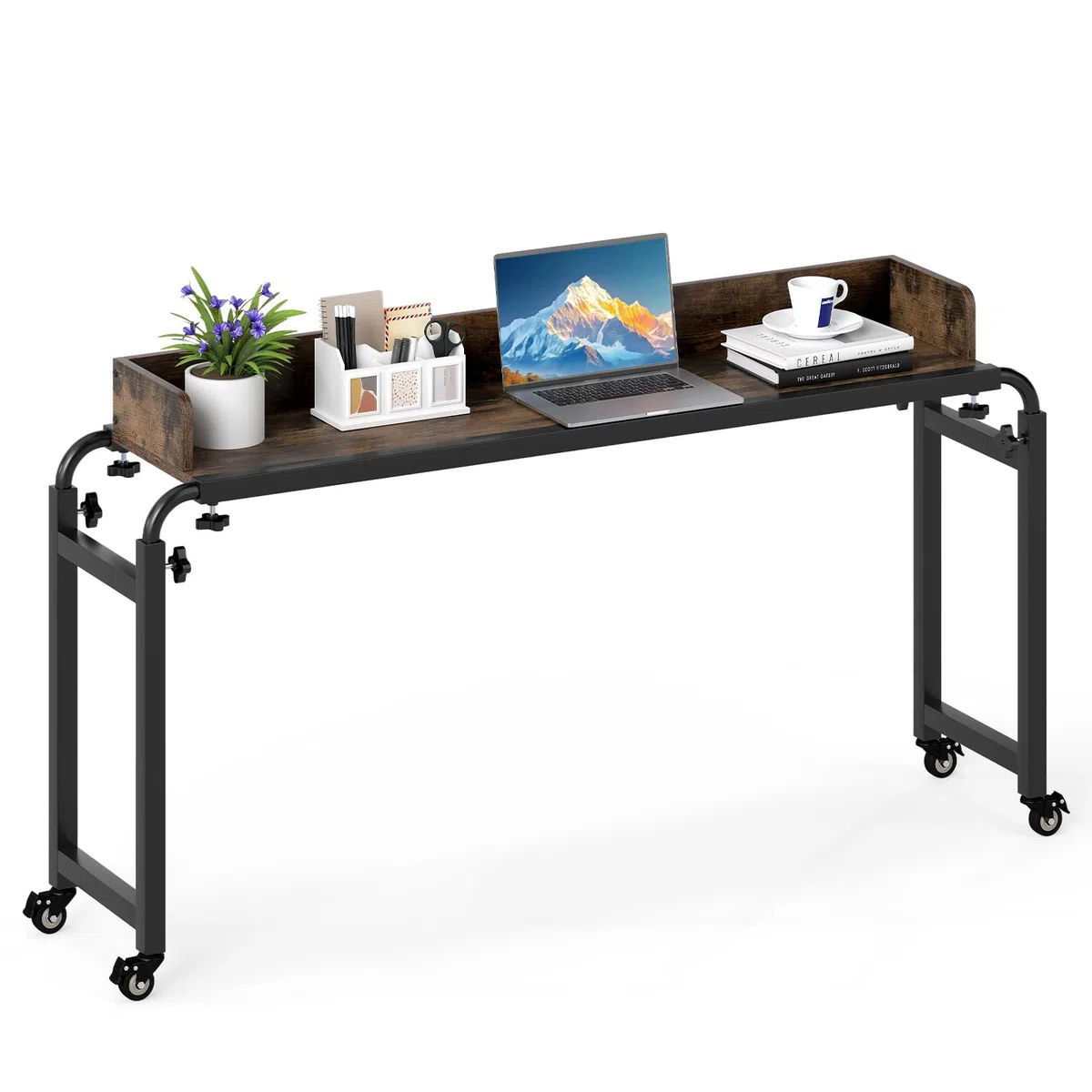 GYMAX Mesa de Cama Rodante Ajustable, Escritorio Móvil Versátil de 117 X 35 CM, Altura y Anchura Modificables, Compatible con Varias Camas, Diseño Industrial Moderno, para Hogar, Oficina, Hospital