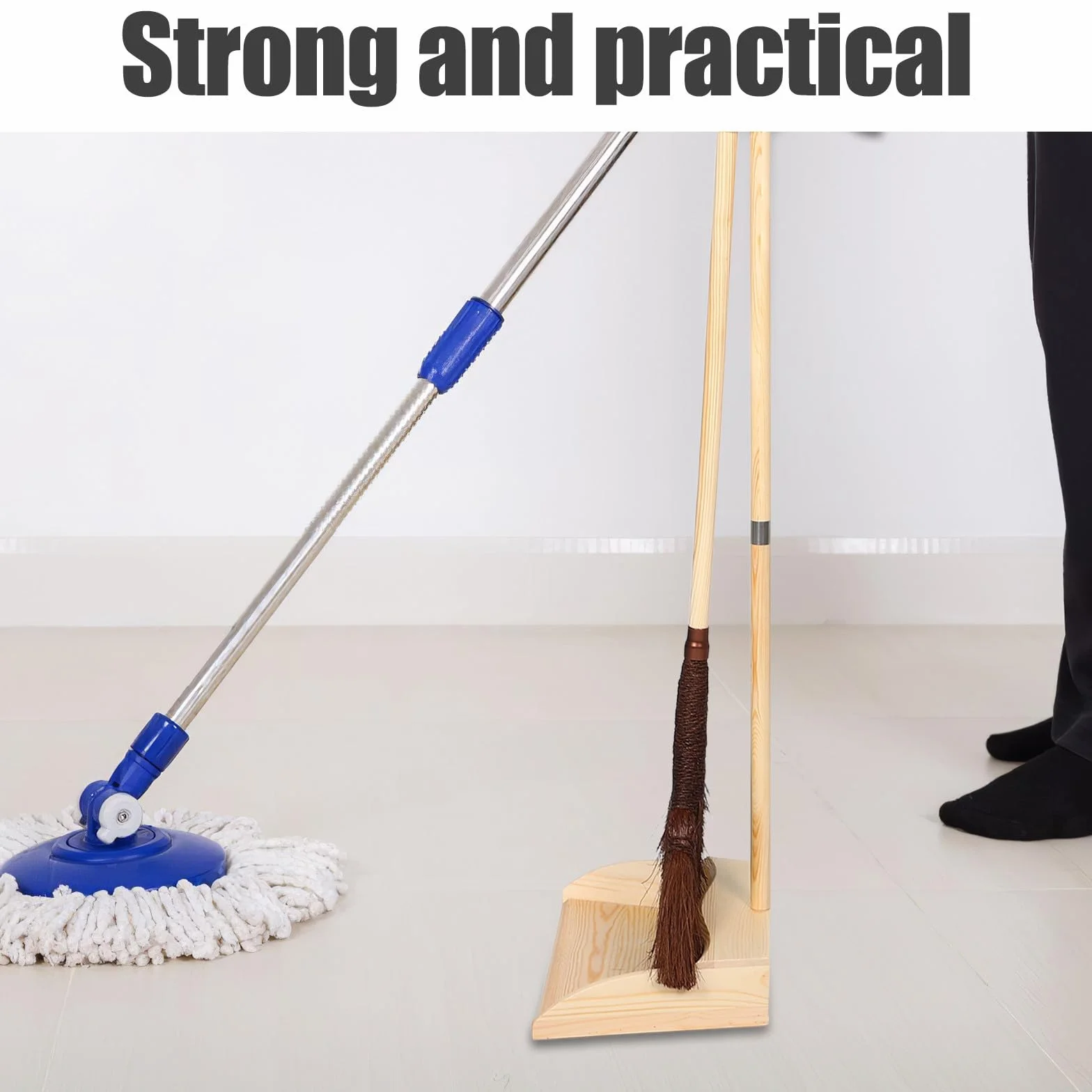 Juego de Broom y Recogedor de Madera Diseño Artesanal Vintage, para Limpieza sin Rayones en Hogar y Garaje