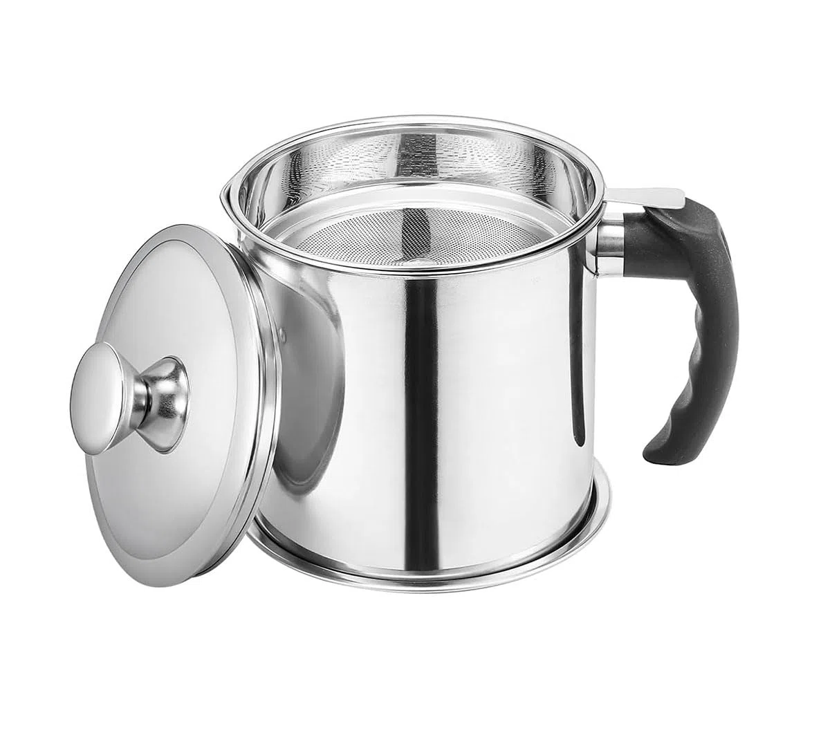 LATRAT Recipiente para grasa de tocino con colador, olla de grasa con mango ligero, depósito de acero inoxidable a prueba de polvo para almacenar aceite de fritura y grasa comestible, mango negro