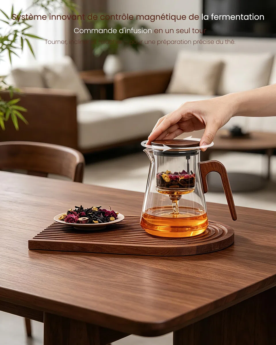 ZENS Theiere con infusor, Magic tetera de cristal con tapa de succión magnética para té de hojas sueltas sin daños, mango de madera de nogal, regalos para los amantes del té-800ML