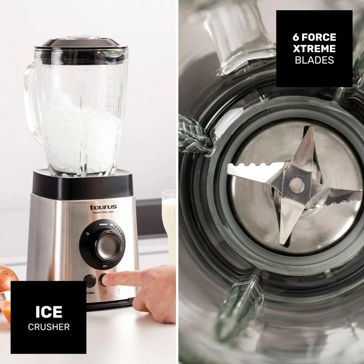 Taurus - Power Total Batidora de Vaso | 2000W Potencia | Jarra de Cristal 2,2L | Cuchillas de 6 Filos | Programas Turbo | Smoothies | Pica Hielo