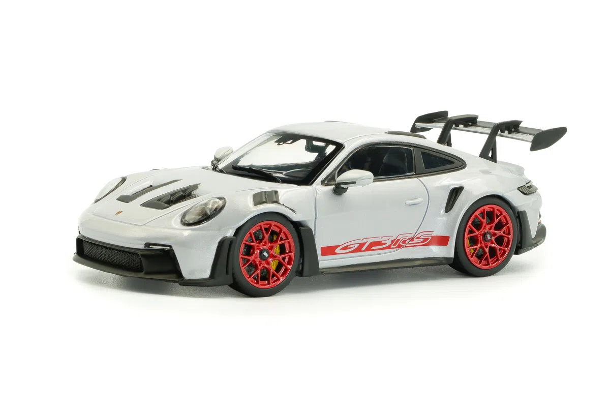 Solido Porsche 911 992 GT3 RS 2023 - Modelo de Auto a Escala 1:43, Moderno Coche de Carreras 911 con Gran alerón Trasero, aerodinámica Detallada y Llantas Deportivas, Blanco con Acentos Rojos