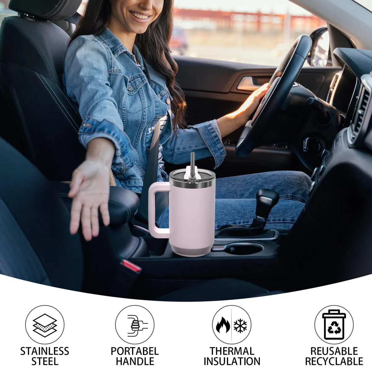 WATERSY 1182 ml Termo con Asa, Grande Vaso Termico Acero Inoxidable, 40oz Rose Quartz Taza de Café con Pajita, Termo de Agua para Frío y Caliente, Travel Mug Doble Pared, para Gimnasio, Viaje