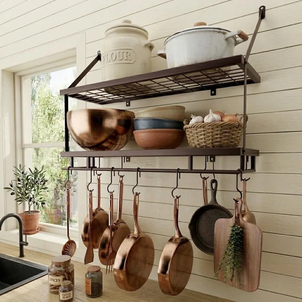 KES Estante de Pared para Ollas de 30 Pulgadas en Bronce Aceitado, Organizador de 2 Niveles para Ollas y Sartenes con 12 Ganchos Resistentes, Estante de Pared de Cocina de Estilo Granja, KUR215S75B-OB