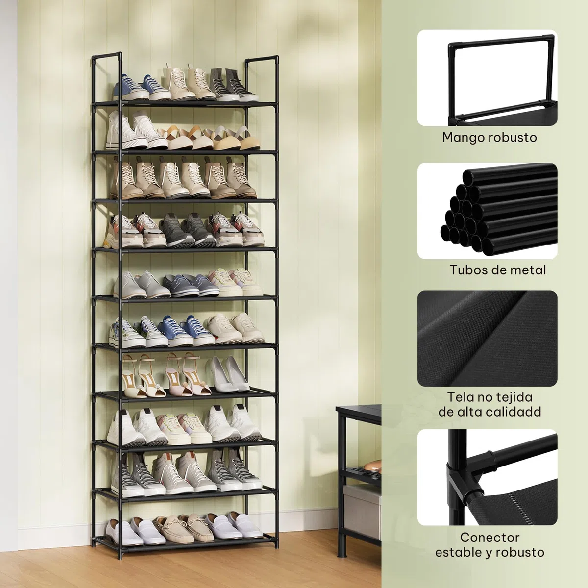 WOLTU Estantería de Zapatos, Zapatero de 10 Niveles, Organizador de Zapatos para Pasillo, Salon y Pasillo, Estantes de Metal, Estantes Estrechos y Extraíbles, 61x28x174 cm, Negro