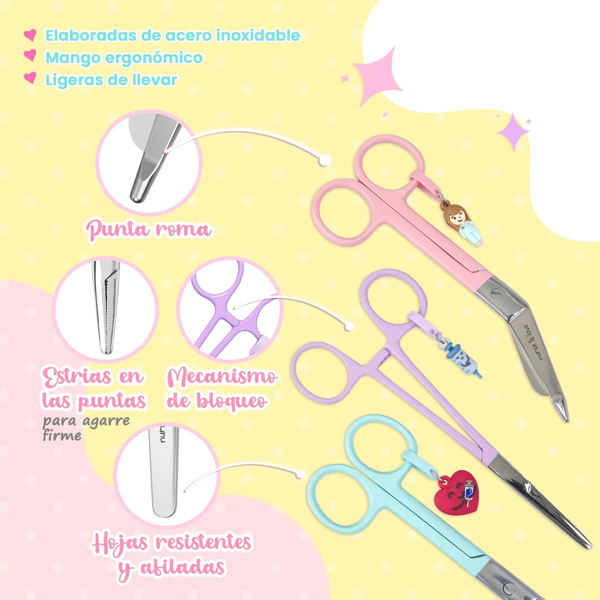 Nurse is Love Set 3uds Tijeras Enfermería Pico de Pato & Rectas Mayo + Herramienta de Sujeción | Tijeras Punta Roma Vendaje, Accesorios Enfermera, Primeros Auxilios, Auxiliar de Enfermería Multicolor