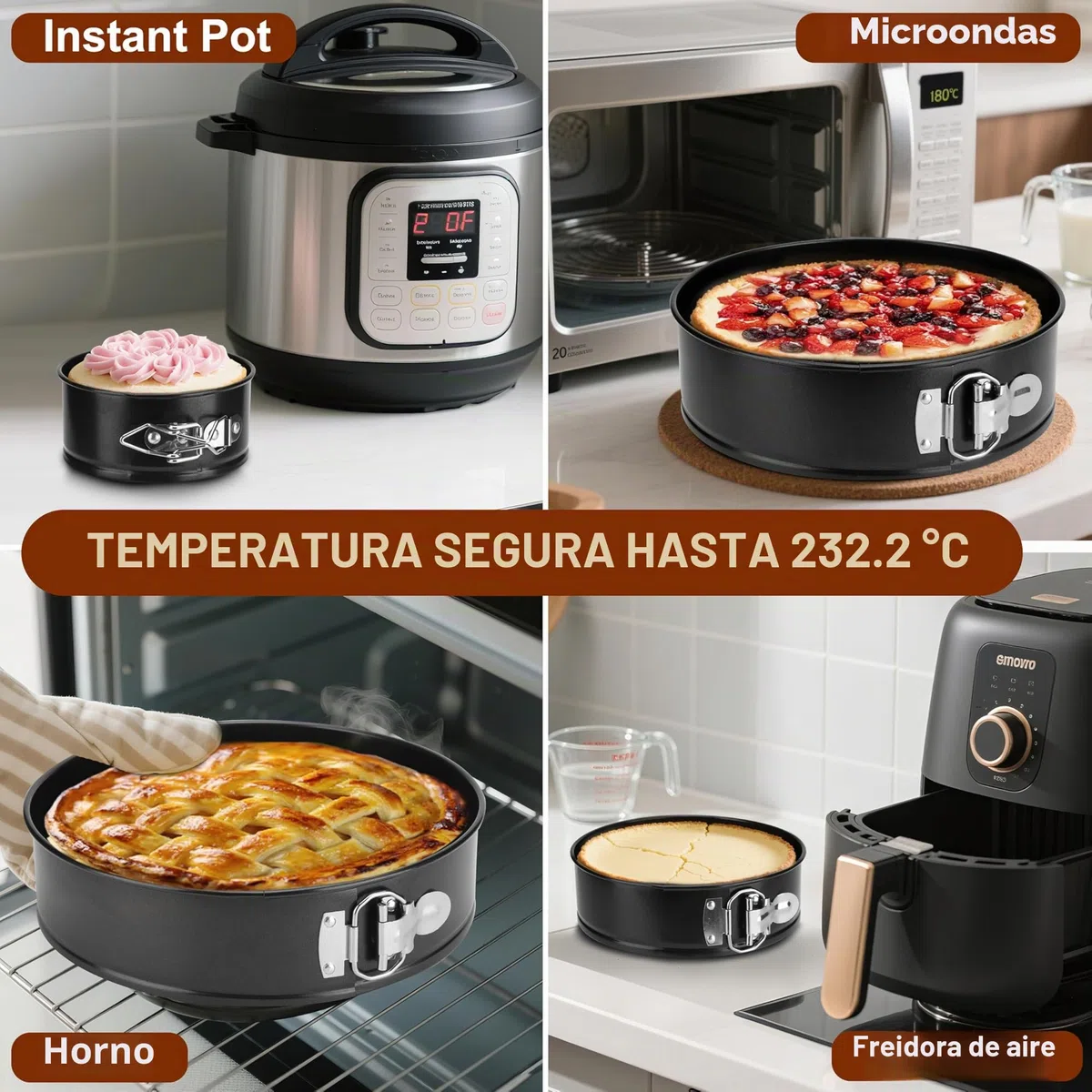 Juego de 4 moldes para tartas de 11/18/23/26 cm, redondos moldes rectangulares, de acero al carbono, antiadherente, redondo, rectangular, con base extraíble, color negro