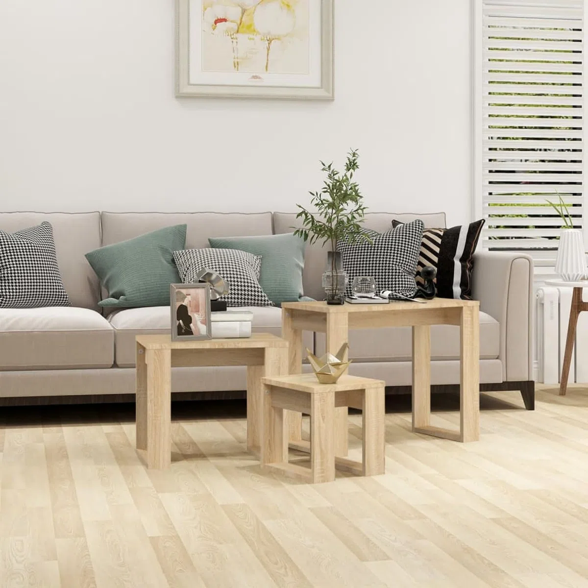 Brokky Mesas apilables 3 pzas Madera contrachapada Color Roble Sonoma Juego De 3 Mesas Auxiliares Anidadas