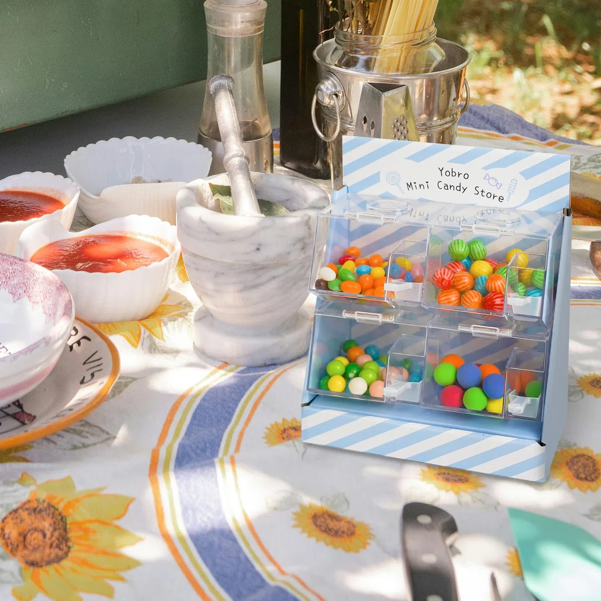 YOBRO Mini tienda de caramelos, dispensador de aperitivos con palas, barra de dulces, almacenamiento de dulces, recipientes acrílicos para alimentos (azul.)