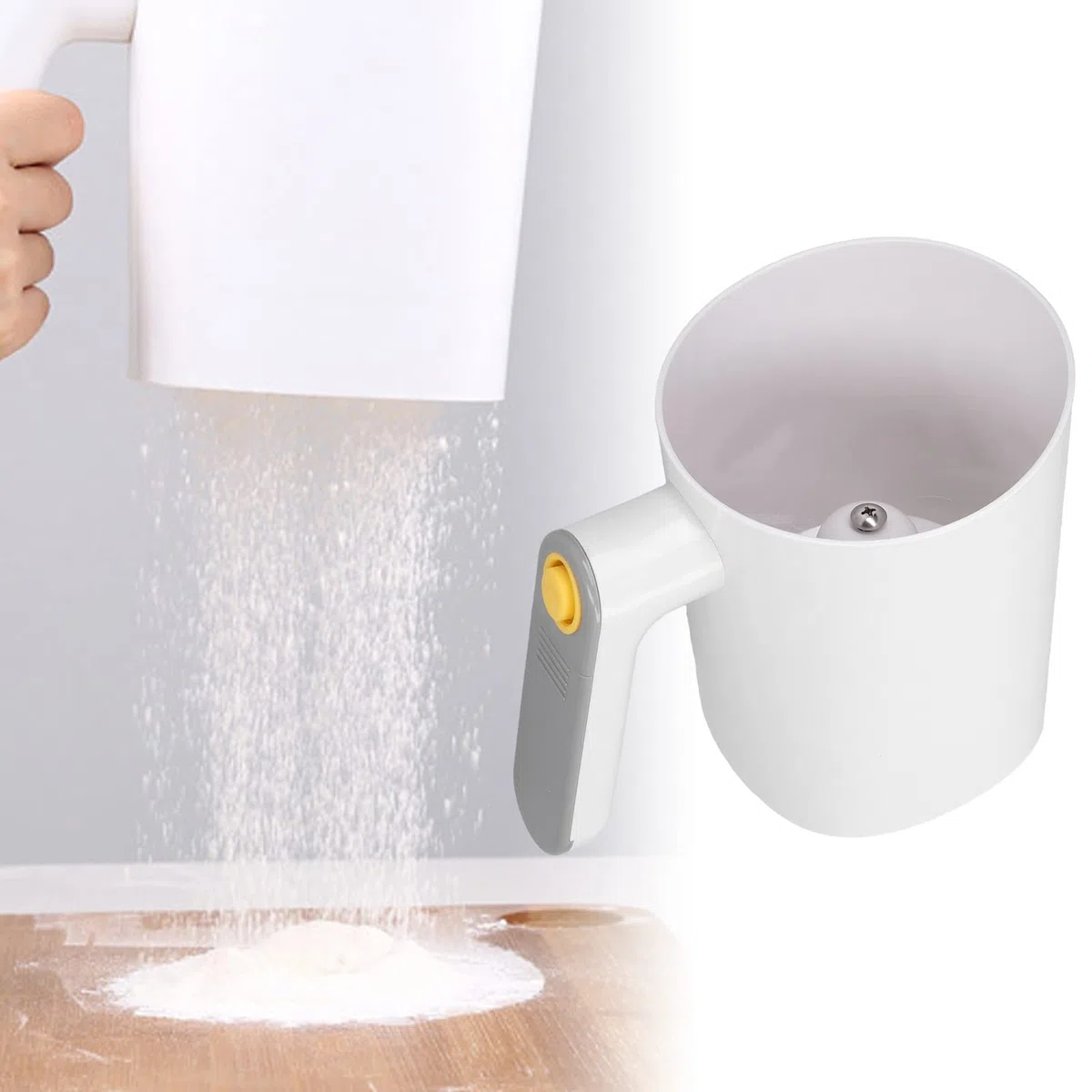 Nikou Tamiz de Harina Eléctrico de Mano, Tamiz de Polvo Blanco con Forma de Taza Eléctrica Portátil, 2 Modos de Uso, para Hornear En Casa, Harina, Azúcar Glaseado