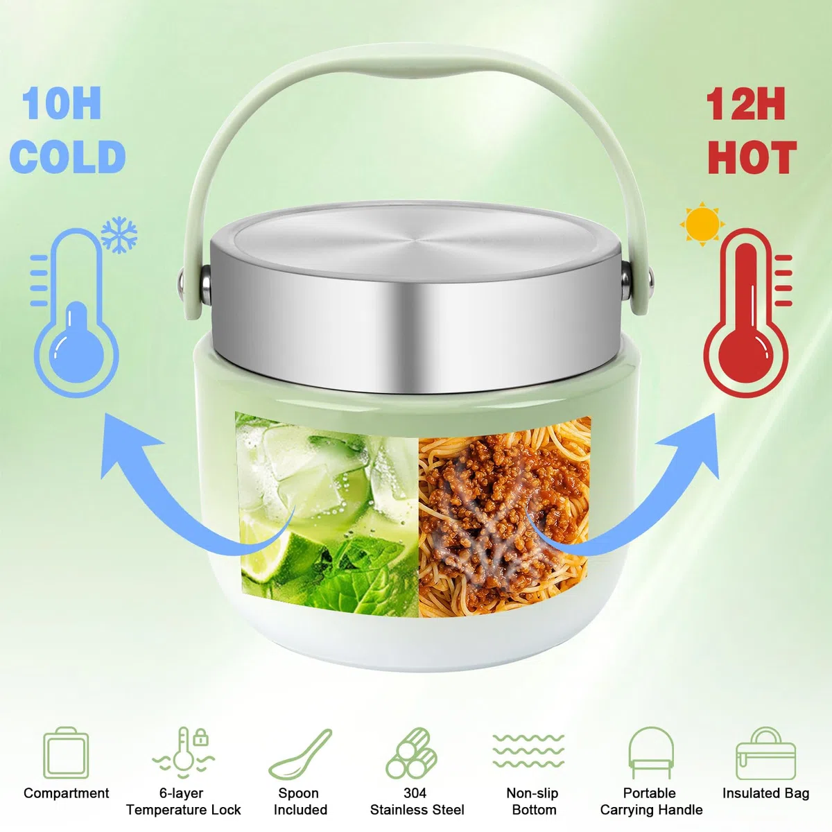 Contenedor térmico para alimentos, 1200 ml, de acero inoxidable 304, contenedor térmico para alimentos, termo para alimentos, a prueba de fugas con tapa, cuchara y bolsa térmica (verde)