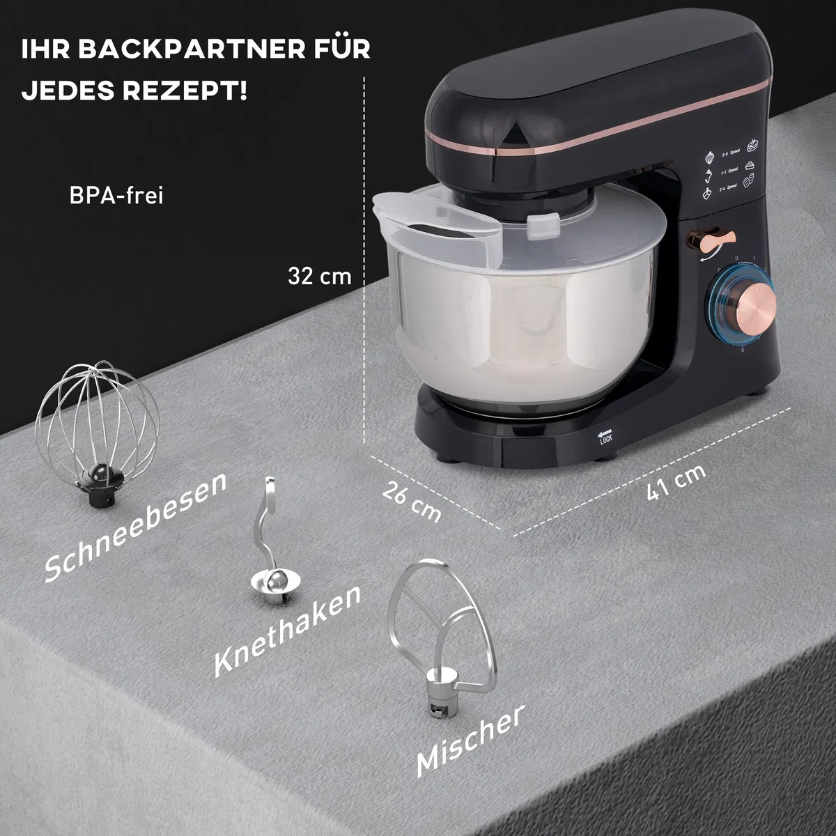 HOMCOM Robot de cocina de 1400 W con velocidad de 6 + P, amasadora con cuenco de acero inoxidable de 5,5 L, con gancho para amasar, protección contra salpicaduras, batidor, gancho para mezclar