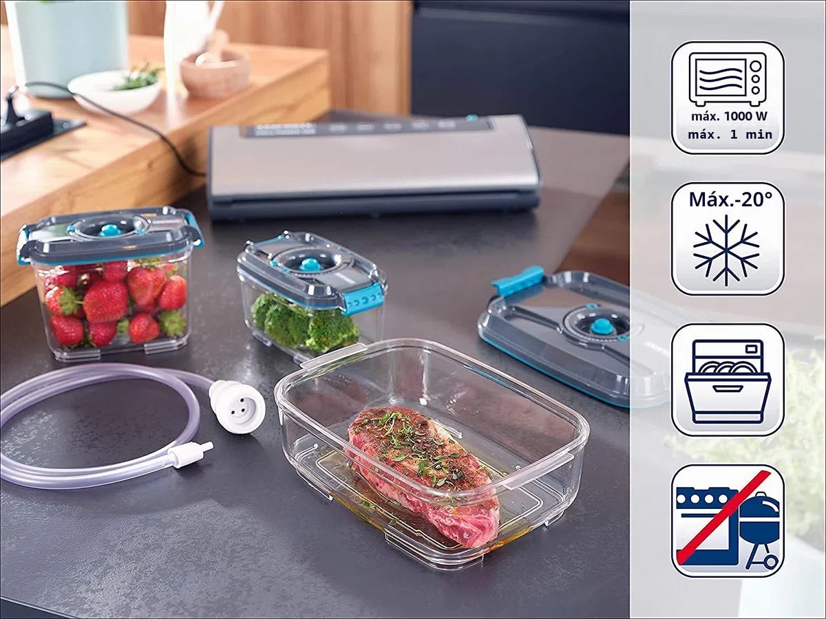 Leifheit Set de 3 recipientes para alimentos al vacío, fiambrera hermética e impermeable sin BPA, tápers para microondas, congelador y lavavajillas