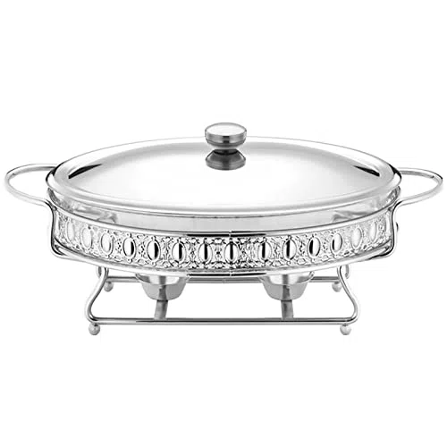 Juego de platos para rozaduras, 2 cuartos de galón, tamaño completo, con bandeja de agua, bandeja para alimentos, soporte de combustible y tapa para bodas, fiestas, Navidad, color plateado