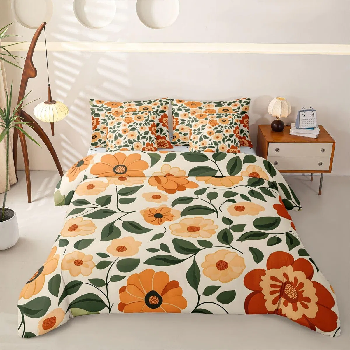 Loussiesd Juego completo de ropa de cama de 7 piezas, diseño floral, tamaño King, color verde, rojo y amarillo, incluye funda de edredón, sábanas, fundas de almohada, fundas de cojín