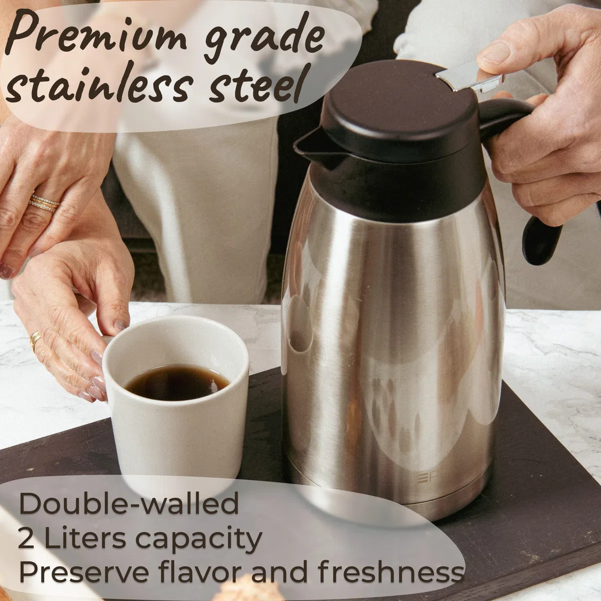 Termo para Cafe - 2 L - Agua Aislada al Vacío 24HR 60C - Jarra Termica Grande de Acero Inoxidable para Mantener tu Bebida Caliente - Cepillo Gratis