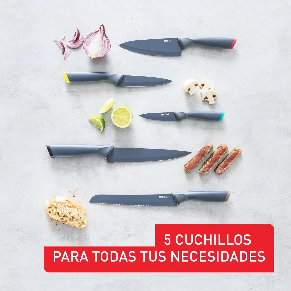 Tefal Fresh Kitchen - Bloque de madera con 5 cuchillos (Pelador 9 cm, Utilitario 12 cm, Chef 15 cm, Rebanador 20 cm, Pan 20 cm), acero inoxidable de alta precisión, K122S5