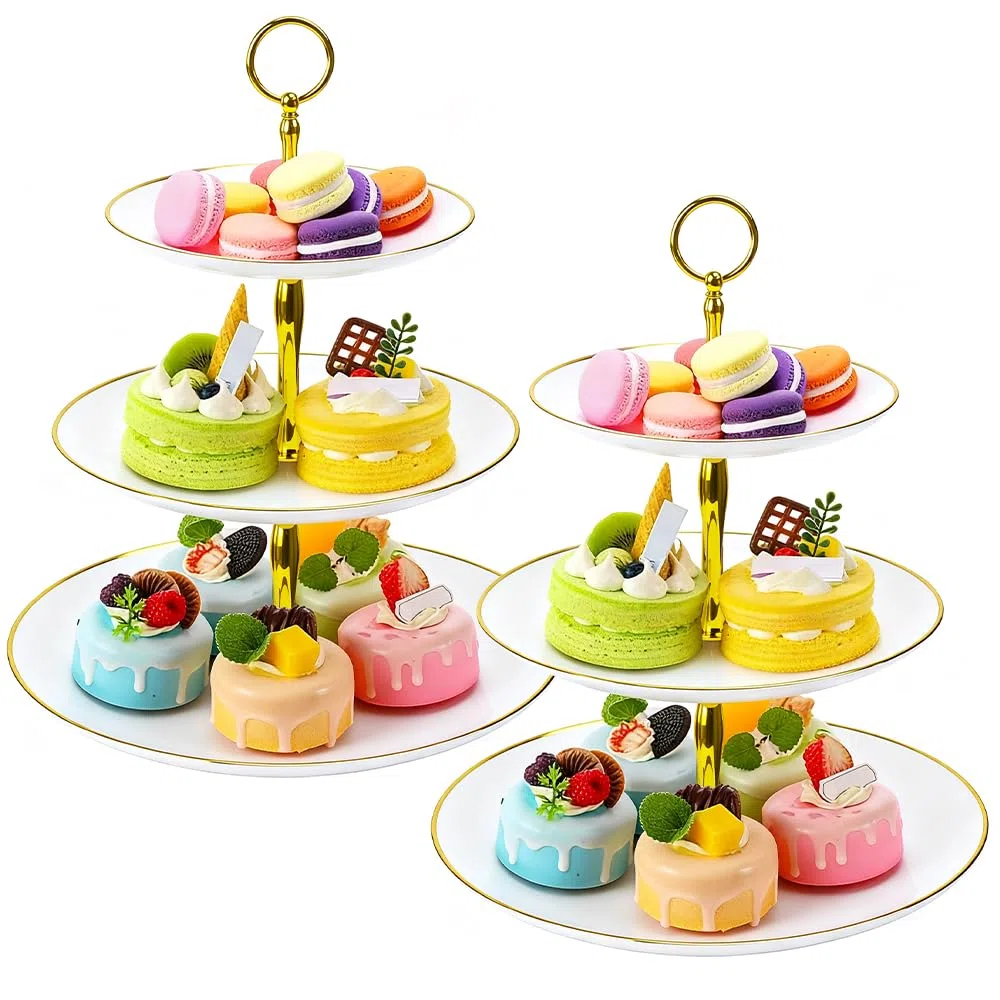 2 Piezas Soporte para Pasteles de 3 Niveles,Bandeja de Tartas Reutilizable Plato de Frutos Soportes Cartón para Cupcakes Bandeja de Postre para Fiestas,Cumpleaños,Bodas,Baby Shower, Postres
