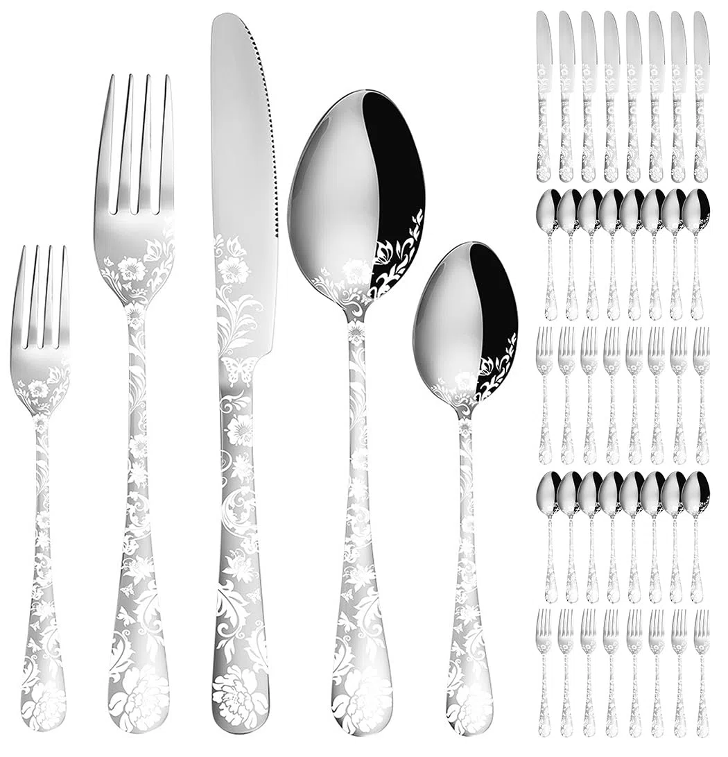 XIAOYU Juego de Cubiertos de Flores de Peonía de 40 Piezas Juego de Cubiertos de Acero Inoxidable para 8 Personas Cuchillos Tenedores Cucharas Utensilios de Cocina