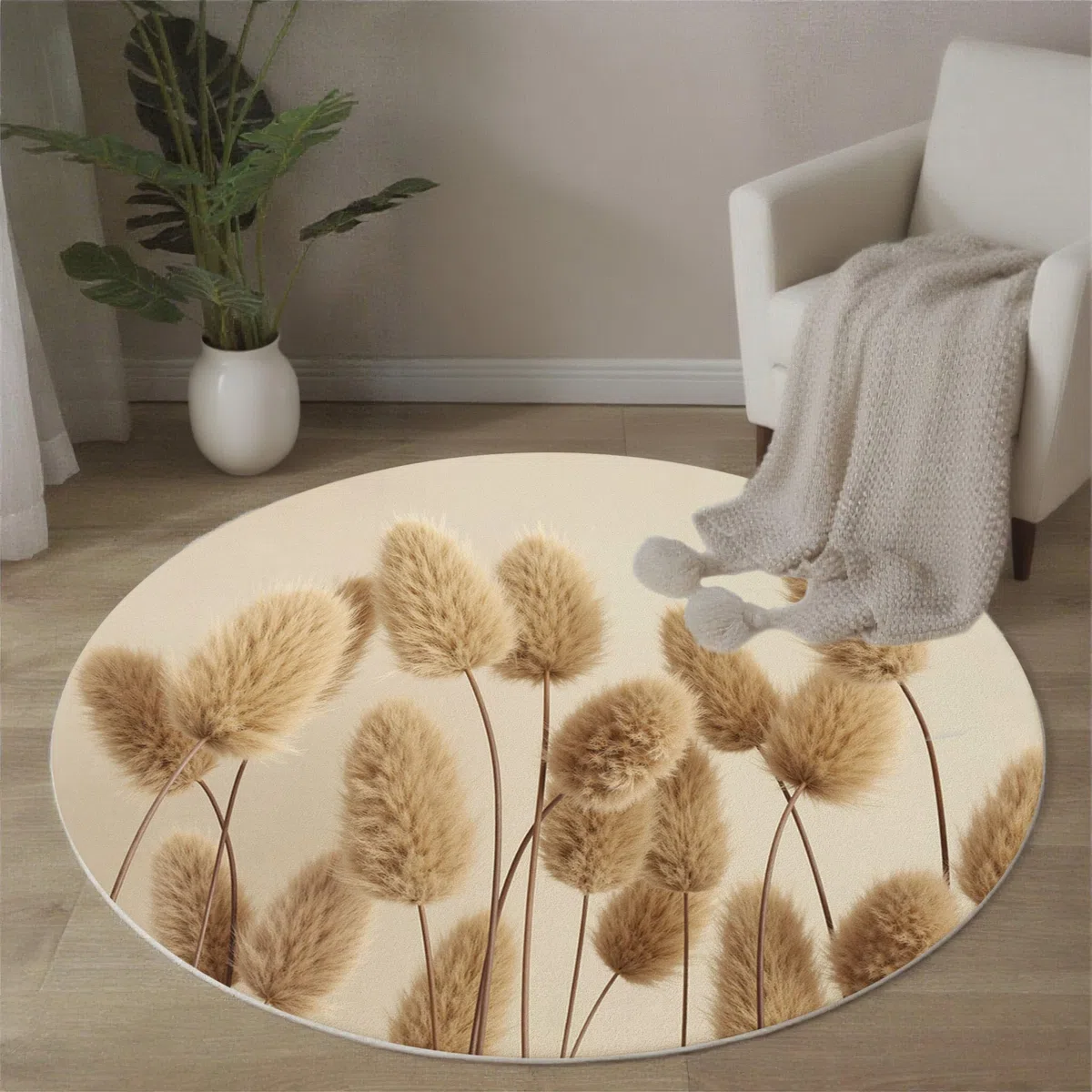 Alfombra Redonda Hierba Cola Conejo Esponjosa, 100cm Alfombras de Pelo Corto Suave Sencillez Natural Tapetes Antideslizante y Lavables para Sala de Estar, Dormitorio y Habitación Infantil, Beige