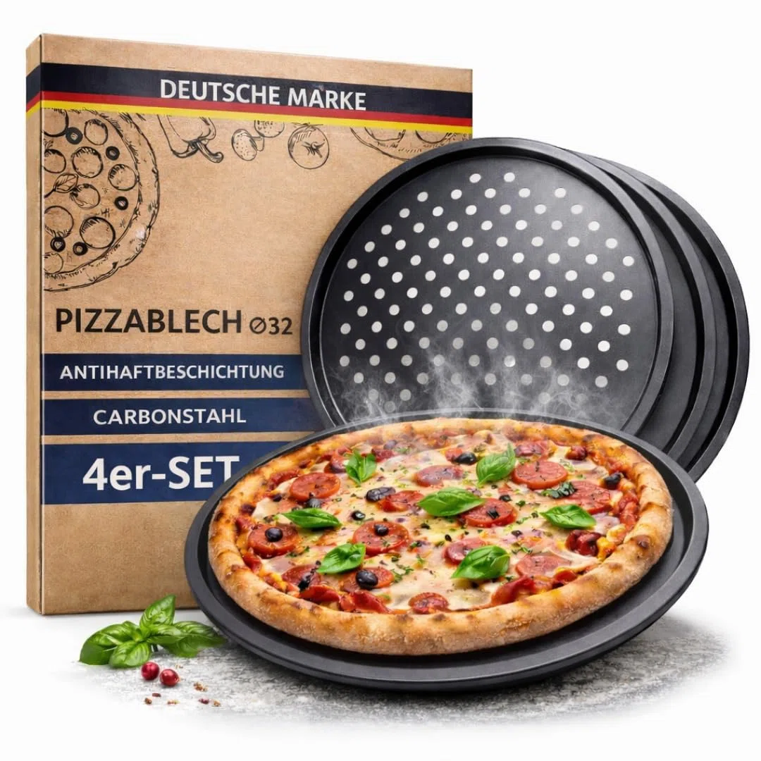 Juego de 4 bandejas para pizza de 32 cm de diámetro, bandeja para pizza y tarta de fuego de acero perforada, revestimiento antiadherente, bandeja crujiente para base extra crujiente