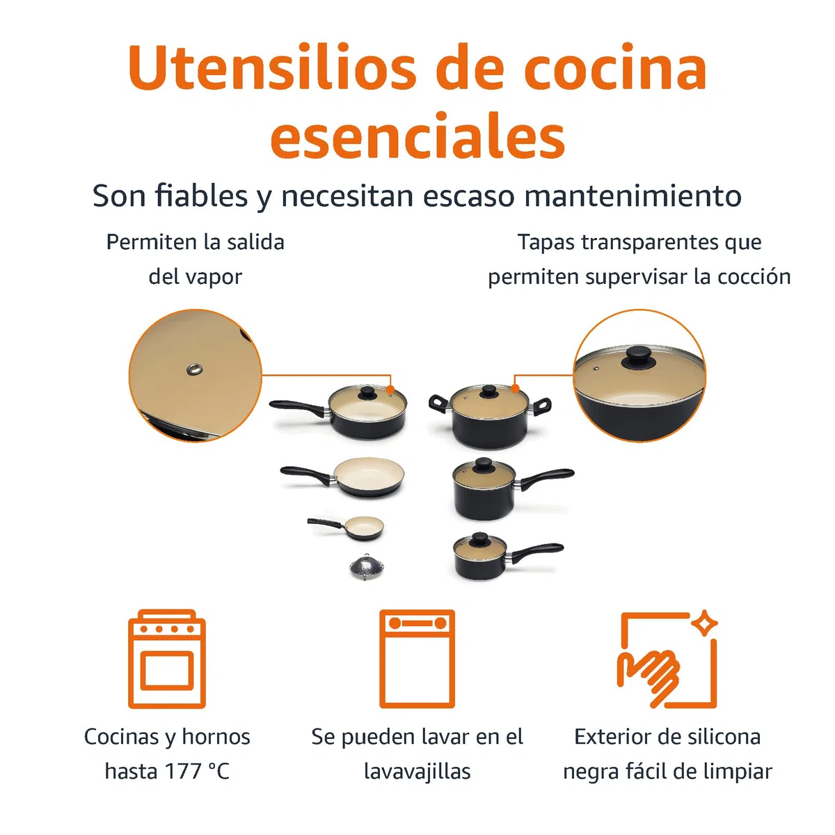Amazon Basics Juego de ollas y sartenes, de cerámica, antiadherente, 11 Unidad, Negro/Crema