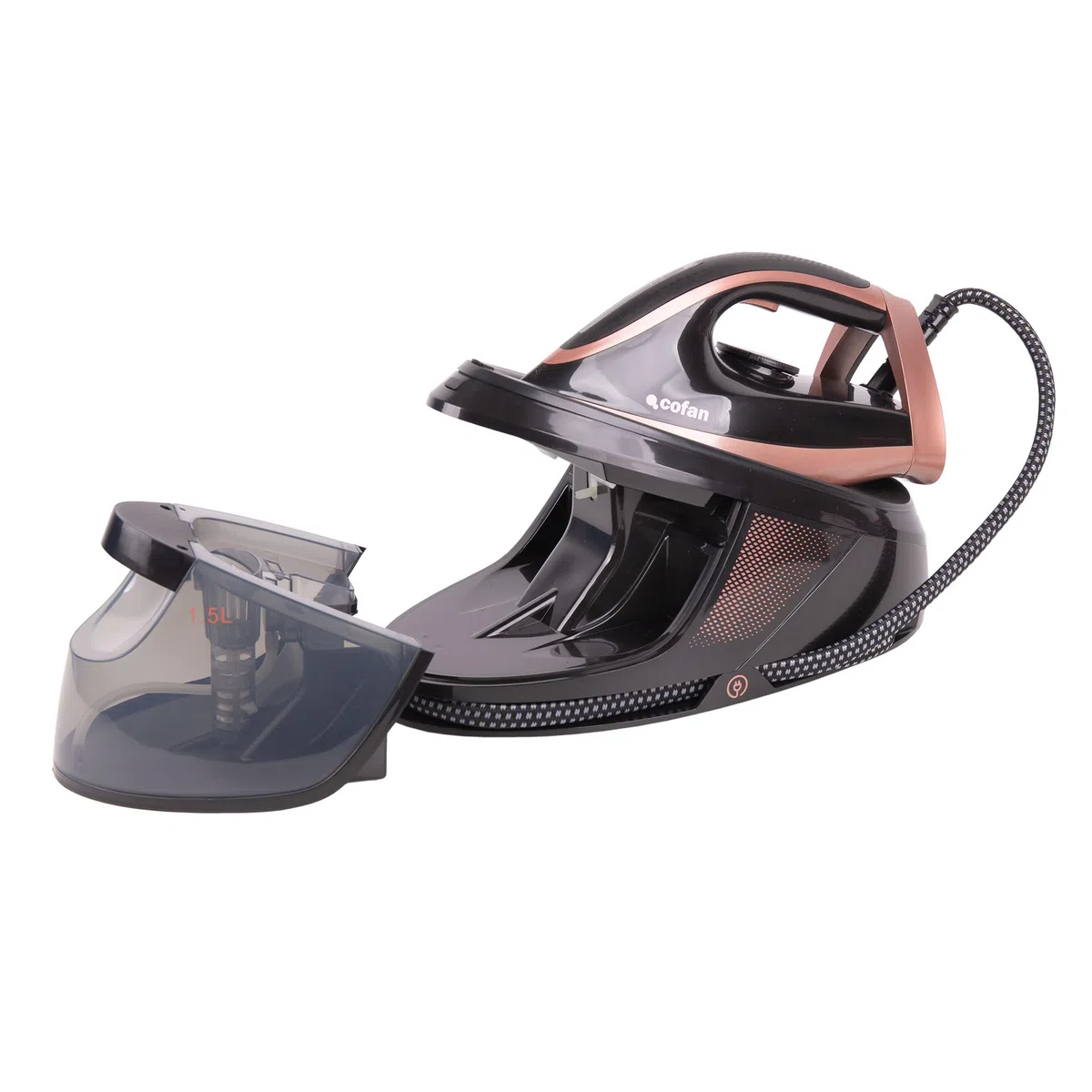 Cofan Centro de planchado 3100 W con depósito extraíble 1,5 litros, 8 bares, Vapor continuo 120 g/min, Suela de Cerámica, Autolimpieza y Apagado automático