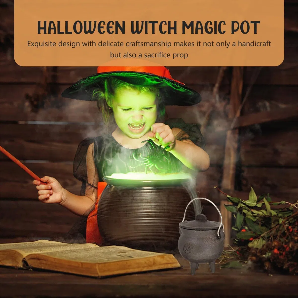 Caldero De Halloween – Caldero De Hierro Fundido con Tapa Y Mango, Hervidor De Caldero Negro, Olla Grande De Poción Espeluznante para Fiesta, Caldero De Bruja Decorativo Negro, Decoracio