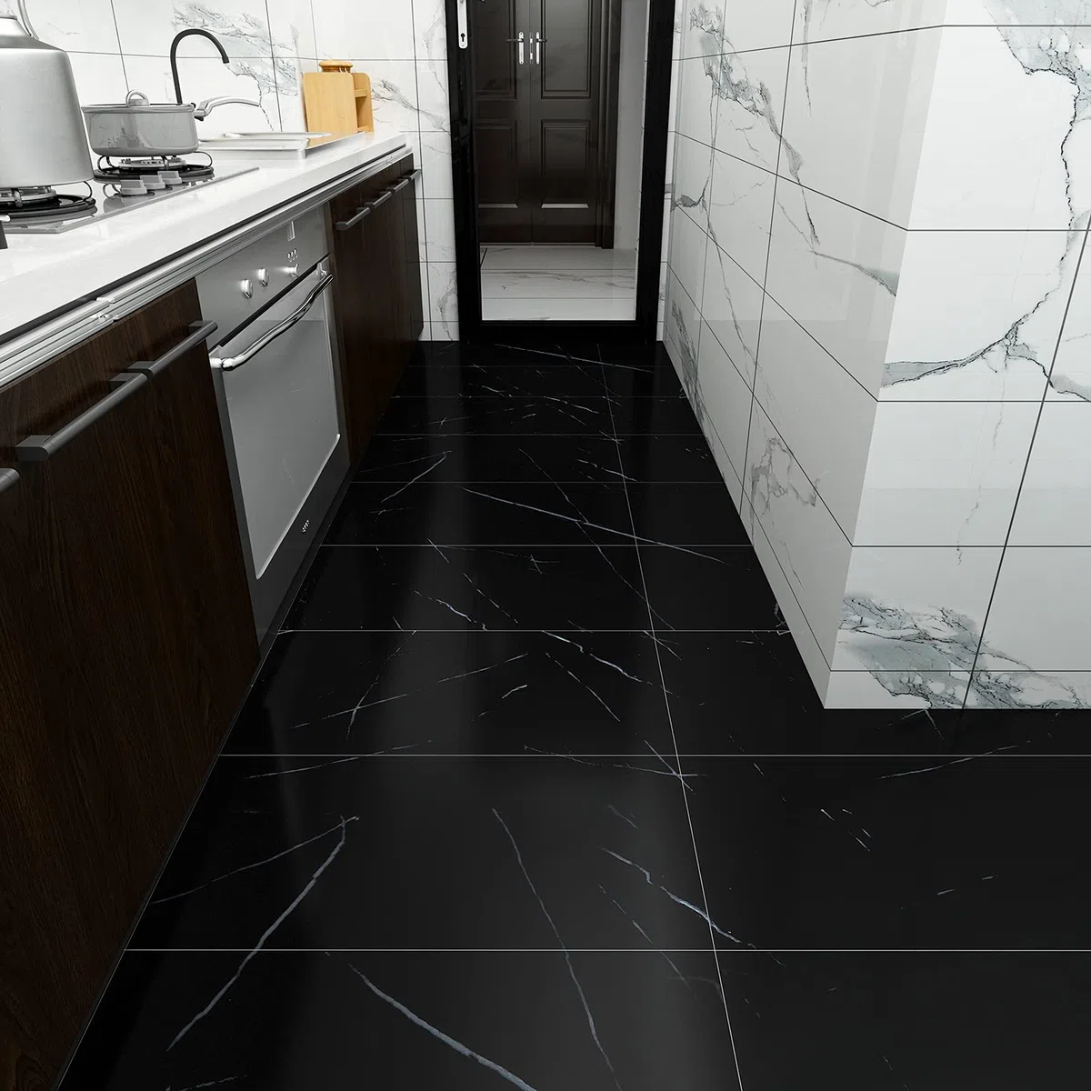 VEELIKE Pegatinas Impermeables para Baldosas de Baño Autoadhesivo Azulejos de Piso de Vinilo Negro Adhesivo para Piso de Cocina Resistente al Aceite Pelar y Pegar Retirable 12 Piezas 60cm x 30cm