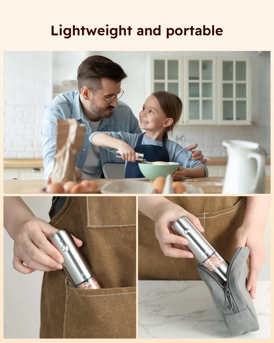Sangcon Mini Molinillo Eléctrico de Sal y Pimienta con Base de Madera, Recargable USB, Pequeño Molinillo Pimienta Automático, para Viajes/Barbacoa/Niños, Control con un Botón (Acero Inoxidable)