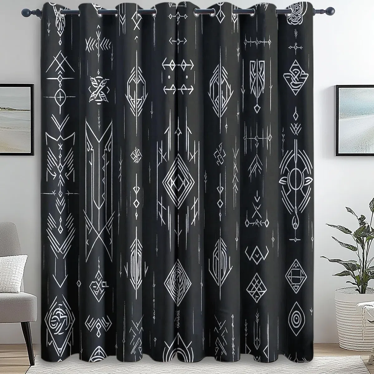 Cortina con Ojales Negro Estampado para Sala de Estar habitación de niñas y niños Tradicional Runas Vikingas Cortinas Estampadas 140An x 145Al cm (2 Paneles) Cortinas Opacas