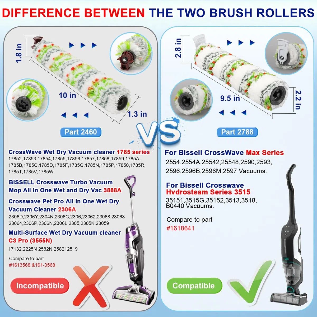 Lemige Paquete de 2 cepillos y filtros de repuesto para aspiradoras Bissell CrossWave Max 2554 2590 2593 2596 para aspiradoras HydroSteam Plus 35151 3515 35152 3513 3518, parte 1618641 y 1608684