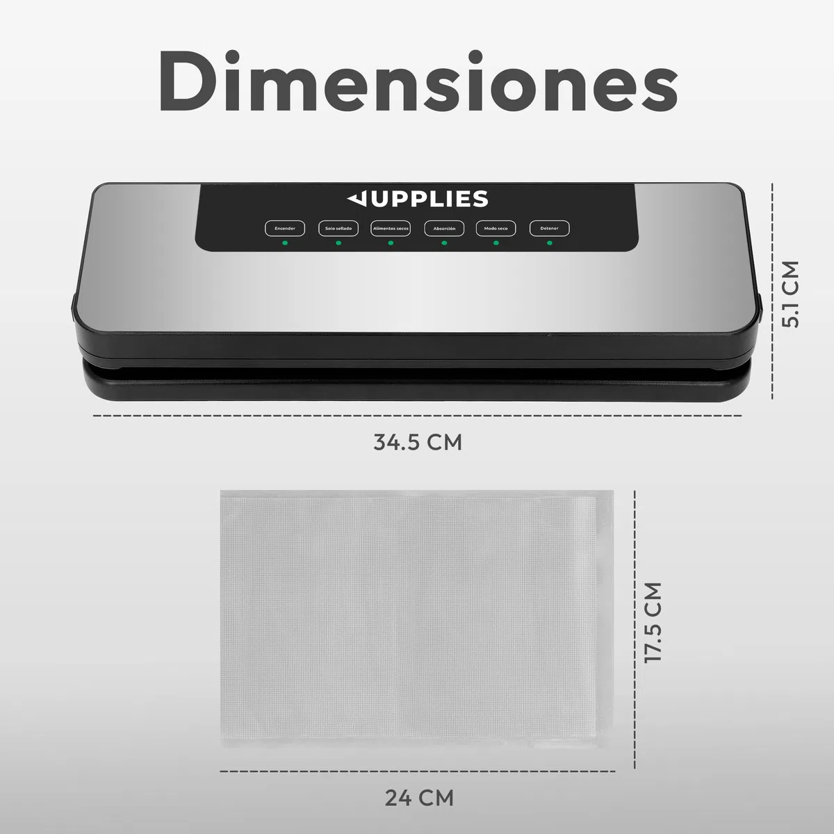 JUPPLIES Envasadora al Vacio Domestica - Selladora de Alimentos Profesional con Potente Succión 80 Kpa y 5 Modos - Máquina de Conservación de Alimentos Frescos (Envasadora + 50 Bolsas)