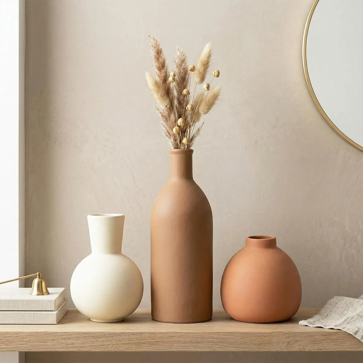 Juego de Jarrones de Cerámica 3 Piezas | Jarrón Decorativo Iconico para Pampas y Flores Secas | Decoración de Mesa Moderna en Beige y Marrón | Jarrón Alto Escandinavo Boho Neutral para Salón