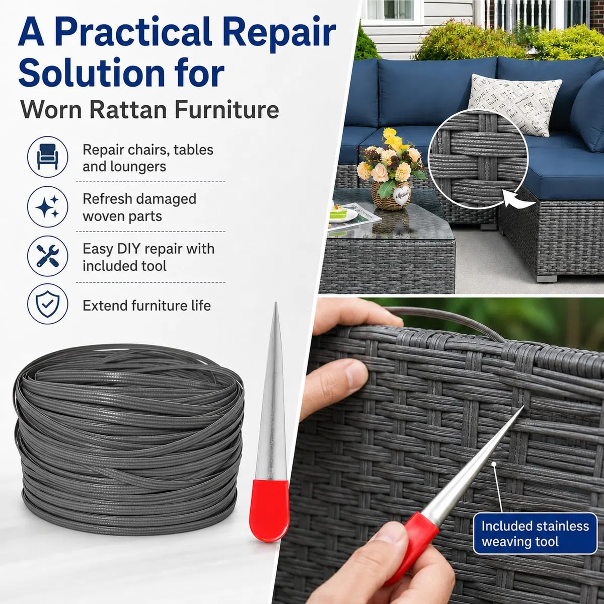 Ratán sintético de plástico, 65 m, tejido plano de ratán sintético con palanca, material de reparación para muebles de exterior, silla de ratán, mesa y cesta (beige)