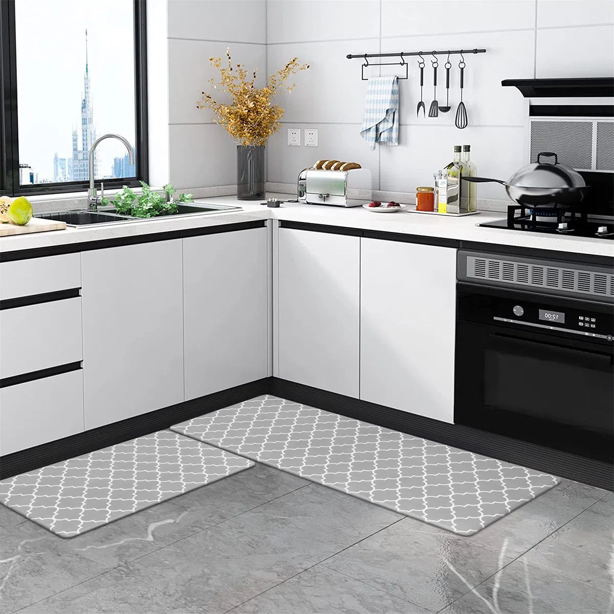 Pauwer Juego de 2 Alfombrillas de Cocina Antideslizantes de PVC antifatiga, Juego de alfombras de Cocina y tapetes Largos, Alfombrillas de pie para Cocina, Comedor, 44 x 70 cm + 44 x 150 cm