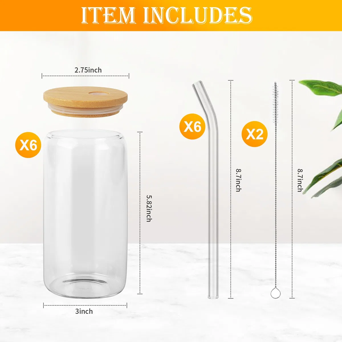 6 Piezas 500 ml Taza de Té Burbuja con Tapa y Pajita, Vasos para Beber con Tapas de Bambú y Popotes,Adecuado para Café Congelado, Cerveza, Cócteles