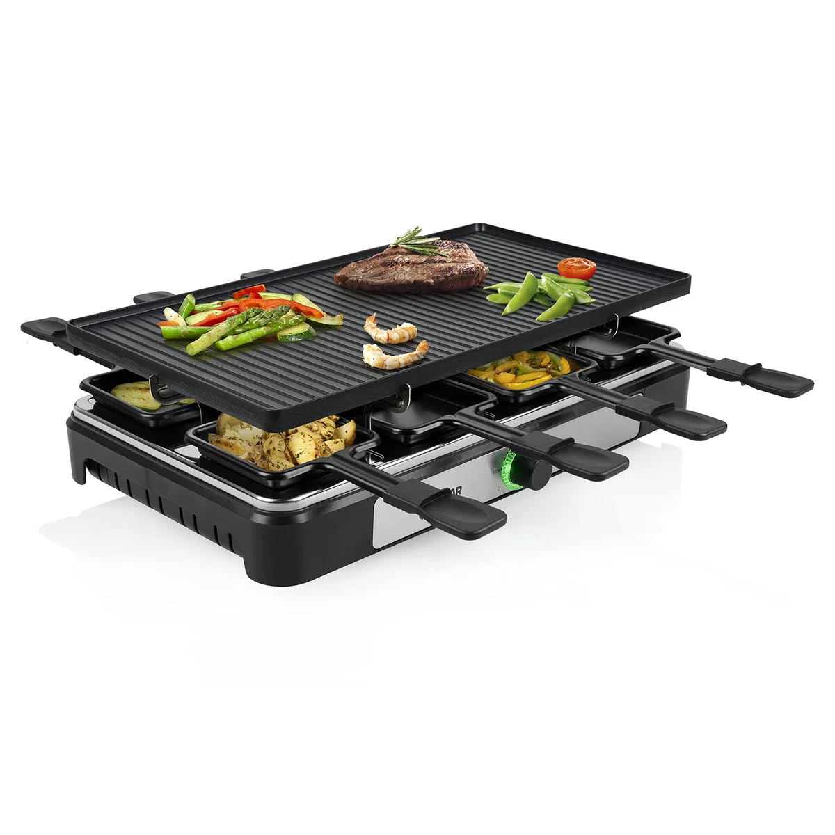 Tristar RA-2748 Raclette multifuncional 3 en 1; Raclette, piedra de cocción, grill, plancha/teppanyaki, Para 8 personas con 8 sartenes de raclette incluidas, 1400 W
