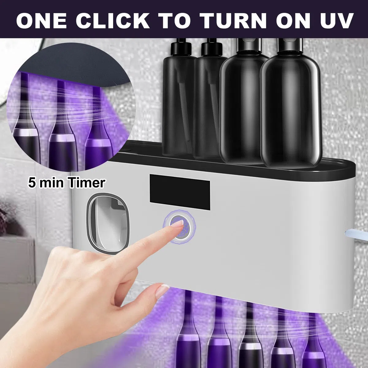 Soporte Cepillo de Dientes UV para 5 Cepillos de Dientes, Esterilizador Cepillo Dientes de Pared, Carga de Energía Lumínica, Dispensador de Pasta de Dientes Eléctrico para 60 días con Una Sola (Gris)