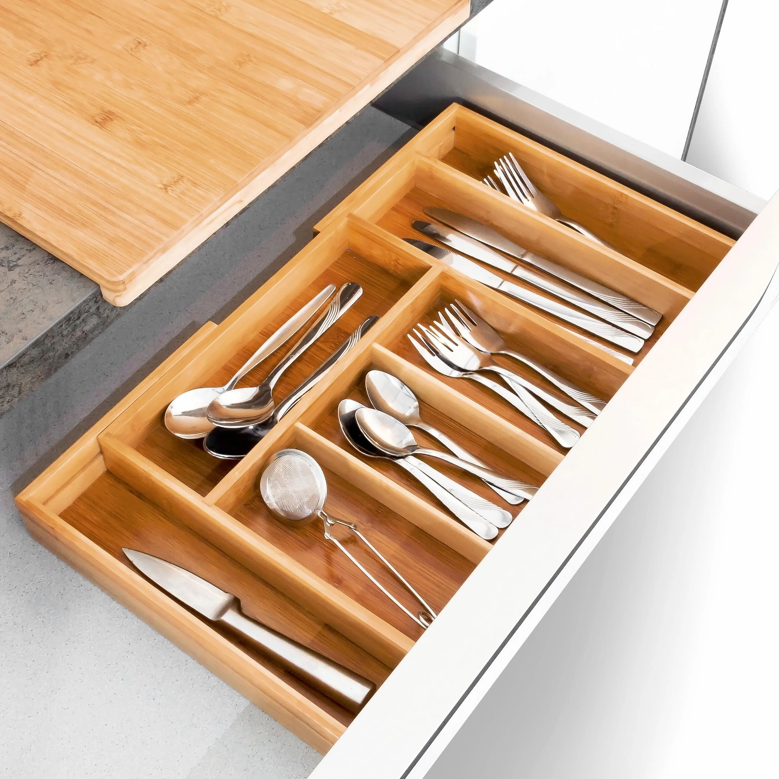 Relaxdays Cubertero Cajón Extensible, 5 a 7 Compartimentos, Bandeja Cubiertos, 5 x 48,5 x 28 cm, Bambú, Marrón Natural