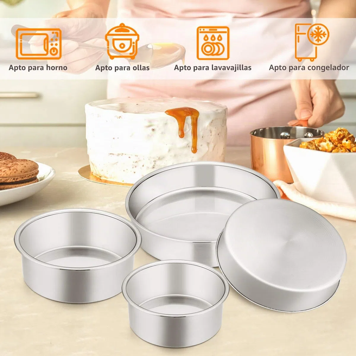 HaWare Juego de 4 moldes redondos para hornear, molde de acero inoxidable para pasteles - 10/16/20/24cm, saludable y no tóxico, pulido brillante, fácil de limpiar y apto para lavavajillas