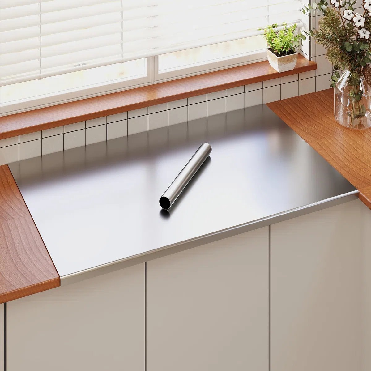 uyoyous Tabla de cortar de acero inoxidable, 80 x 50 cm, gran protección de encimera, con labio y rodillo, para amasar pan, carne, frutas, verduras, efectividad en cualquier cocina